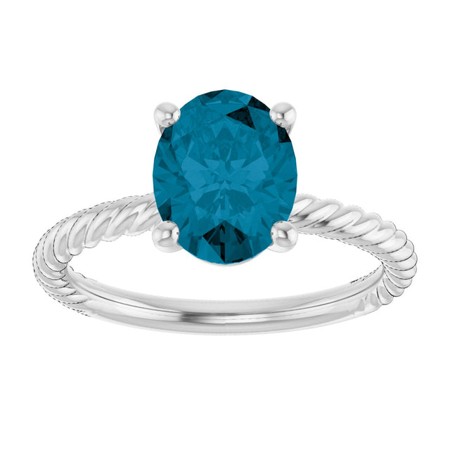 14K Gold Oval Natural London Blue Topaz Rope Solitaire Ring - White Gold - view 3