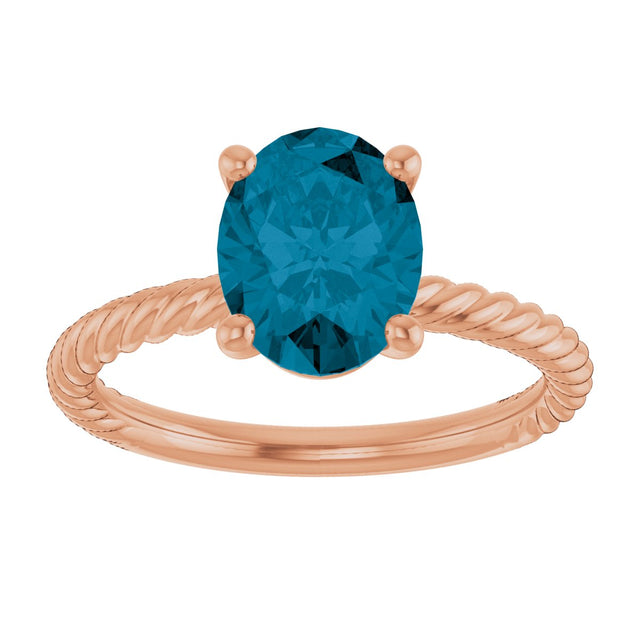 14K Gold Oval Natural London Blue Topaz Rope Solitaire Ring - Rose Gold - view 3