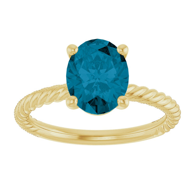 14K Gold Oval Natural London Blue Topaz Rope Solitaire Ring - Yellow Gold - view 3