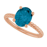 14K Gold Oval Natural London Blue Topaz Rope Solitaire Ring - Rose Gold - view 5