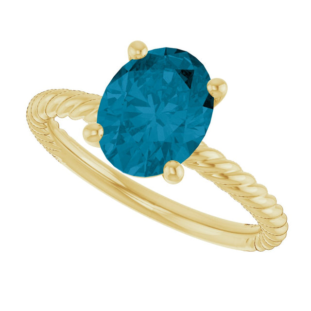 14K Gold Oval Natural London Blue Topaz Rope Solitaire Ring - Yellow Gold - view 5