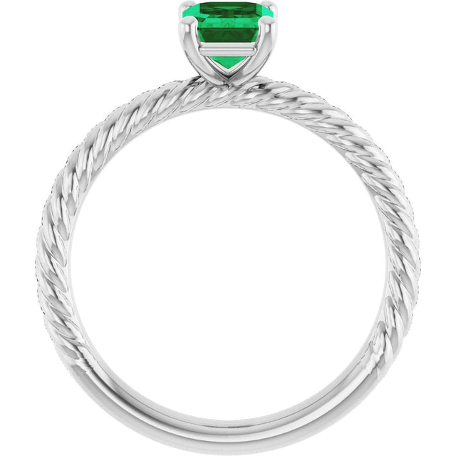 14K Gold Emerald Lab-Grown Emerald Rope Solitaire Ring - White Gold - view 2