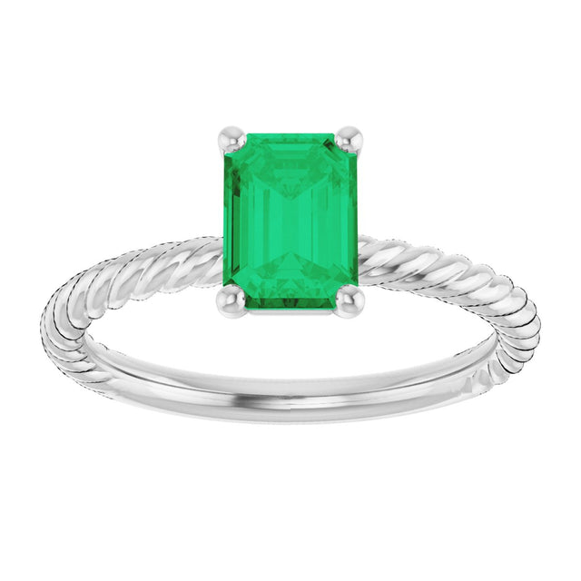 14K Gold Emerald Lab-Grown Emerald Rope Solitaire Ring - White Gold - view 3