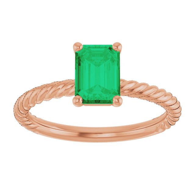 14K Gold Emerald Lab-Grown Emerald Rope Solitaire Ring - Rose Gold - view 3