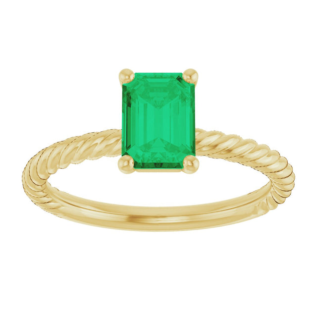 14K Gold Emerald Lab-Grown Emerald Rope Solitaire Ring - Yellow Gold - view 3