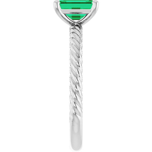 14K Gold Emerald Lab-Grown Emerald Rope Solitaire Ring - White Gold - view 4