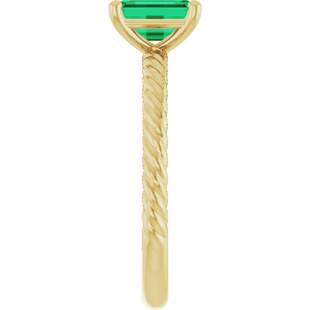 14K Gold Emerald Lab-Grown Emerald Rope Solitaire Ring - Yellow Gold - view 4