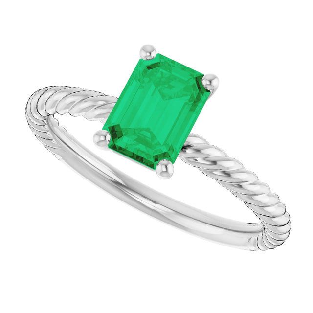 14K Gold Emerald Lab-Grown Emerald Rope Solitaire Ring - White Gold - view 5
