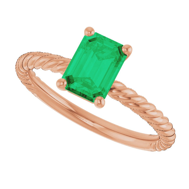 14K Gold Emerald Lab-Grown Emerald Rope Solitaire Ring - Rose Gold - view 5