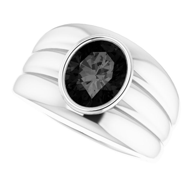 14K Gold Oval Natural Black Onyx Grooved Bezel-Set Ring - White Gold - view 5