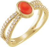 14K Gold Oval Natural Pink Coral & Natural Diamond Accented Cabochon Ring - Yellow Gold
