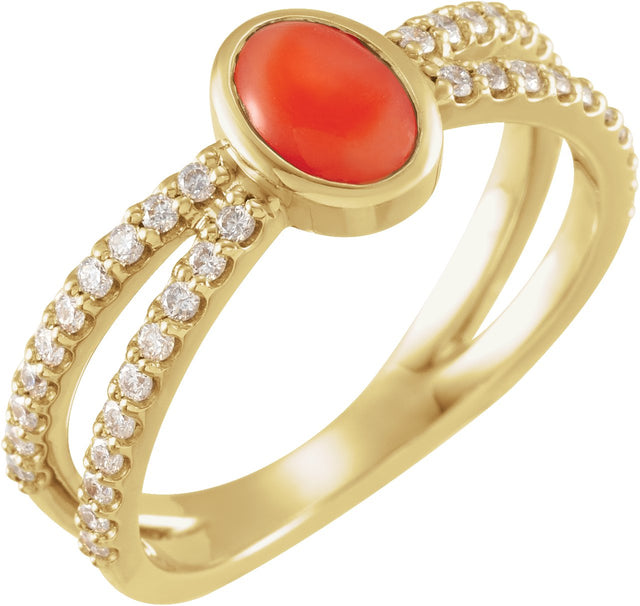 14K Gold Oval Natural Pink Coral & Natural Diamond Accented Cabochon Ring - Yellow Gold