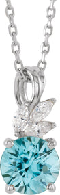 Platinum Round Natural Blue Zircon & Natural Diamond Accented Floral Necklace or Pendant