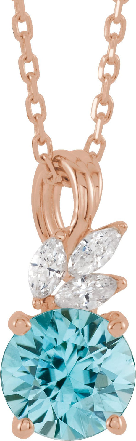 14K Gold Round Natural Blue Zircon & Natural Diamond Accented Floral Necklace or Pendant - Rose Gold