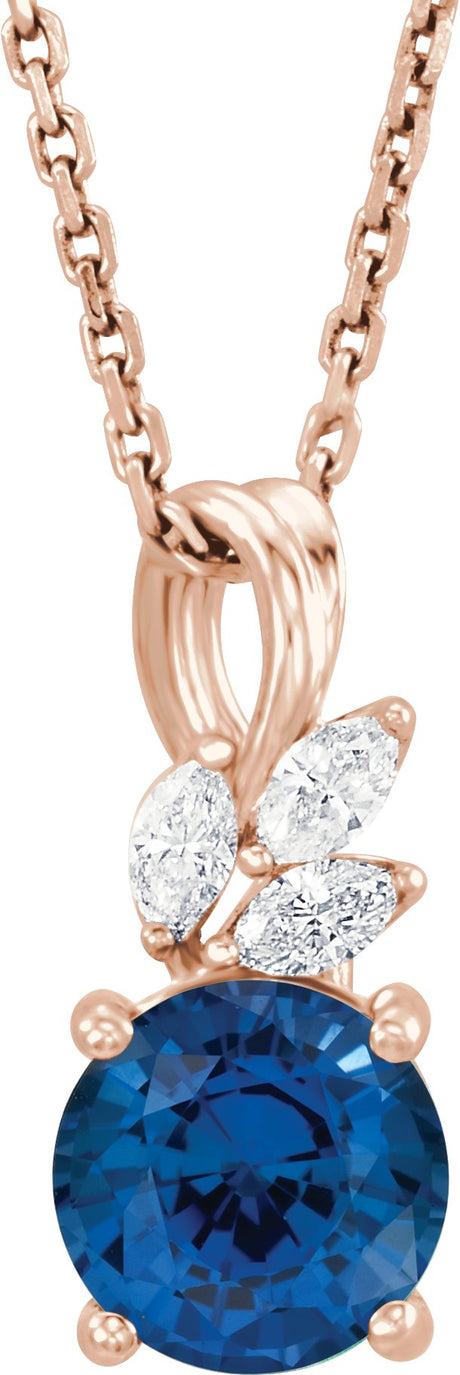 14K Gold Round Lab-Grown Blue Sapphire & Natural Diamond Accented Floral Necklace or Pendant - Rose Gold