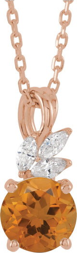 14K Gold Round Natural Citrine & Natural Diamond Accented Floral Necklace or Pendant - Rose Gold