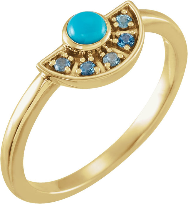 14K Gold Round Natural Turquoise & Natural Aquamarine Fan Ring - Yellow Gold