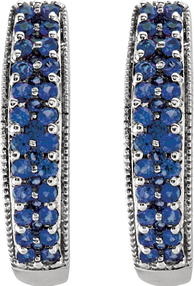 14K Gold Round Natural Blue Sapphire Accented U-Hoop Earrings - White Gold - view 2