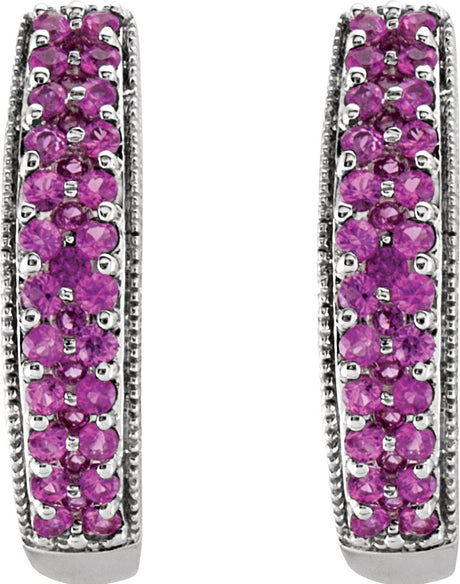 14K Gold Round Natural Pink Sapphire Accented U-Hoop Earrings - view 2
