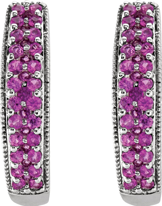 14K Gold Round Natural Pink Sapphire Accented U-Hoop Earrings - view 2