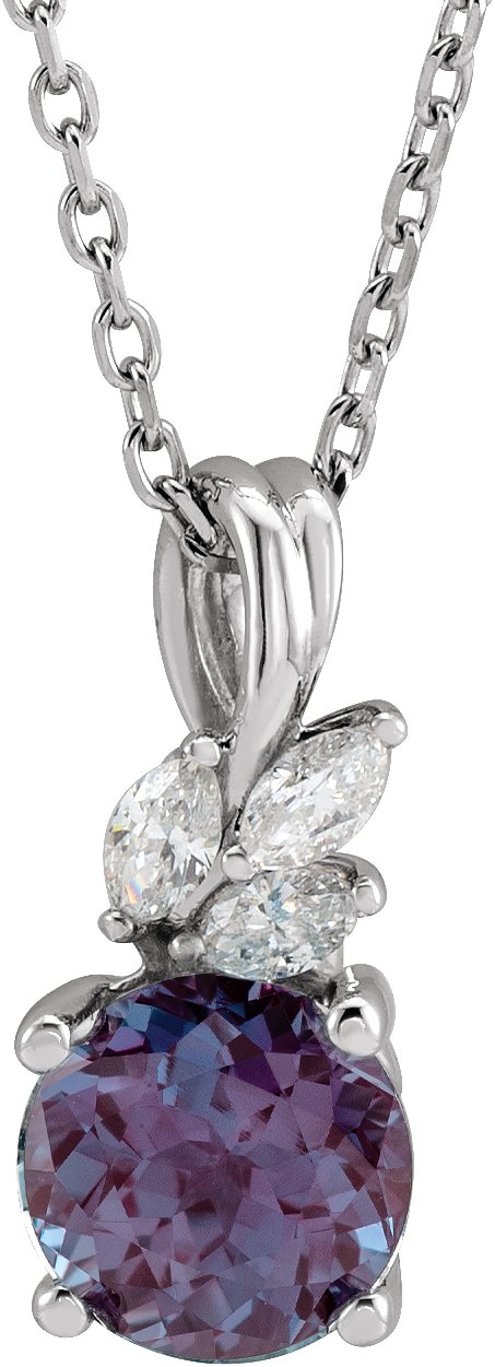 Platinum Round Lab-Grown Alexandrite & Natural Diamond Accented Floral Necklace or Pendant