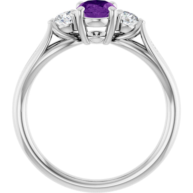 14K Gold Oval Natural Amethyst & Natural Diamond Sculptural Three-Stone Ring - view 2