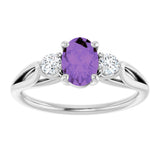 14K Gold Oval Natural Amethyst & Natural Diamond Sculptural Three-Stone Ring - view 3