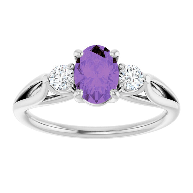 14K Gold Oval Natural Amethyst & Natural Diamond Sculptural Three-Stone Ring - view 3