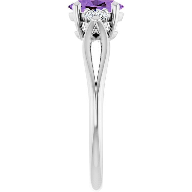 14K Gold Oval Natural Amethyst & Natural Diamond Sculptural Three-Stone Ring - view 4
