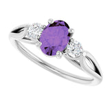 14K Gold Oval Natural Amethyst & Natural Diamond Sculptural Three-Stone Ring - view 5