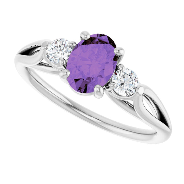 14K Gold Oval Natural Amethyst & Natural Diamond Sculptural Three-Stone Ring - view 5