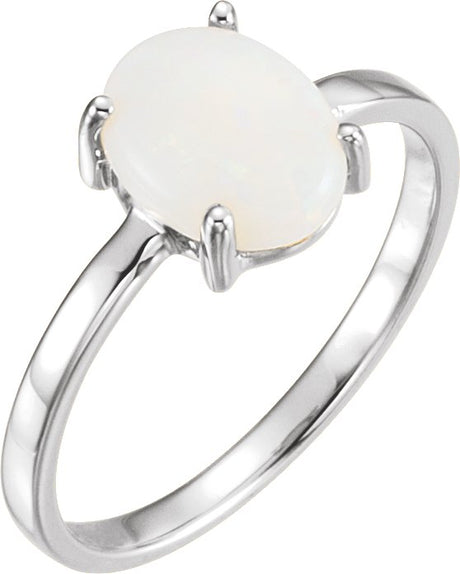 14K Gold Oval Natural White Opal Cabochon Solitaire Ring - White Gold