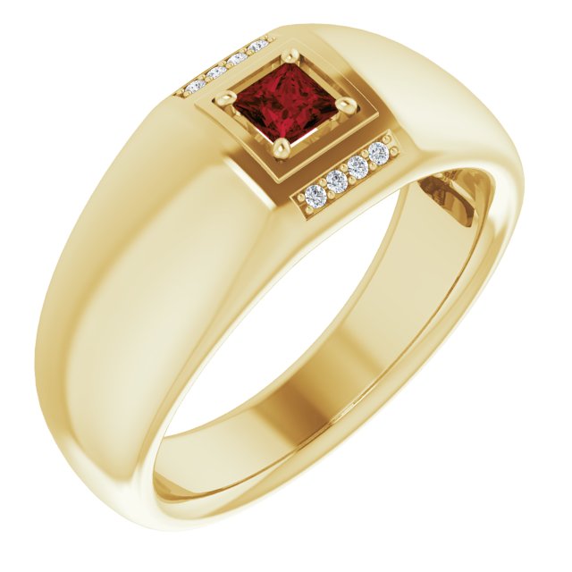 14K Gold Square Natural Mozambique Garnet & Natural Diamond Accented Ring