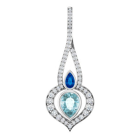 14K Gold Pear Natural Sky Blue Topaz & Natural Blue Sapphire & Natural Diamond Accented Pendant