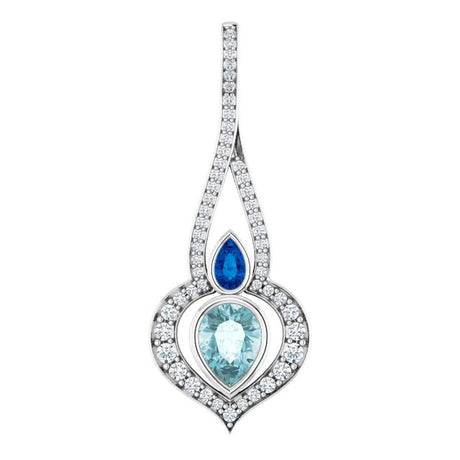 14K Gold Pear Natural Sky Blue Topaz & Natural Blue Sapphire & Natural Diamond Accented Pendant