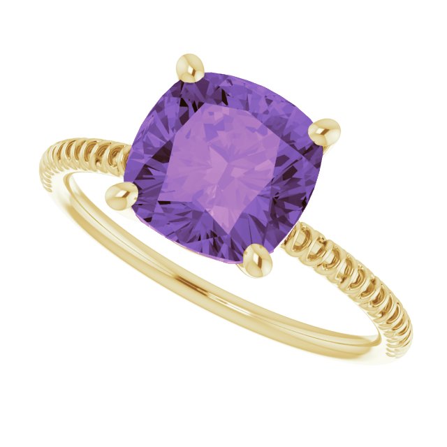 14K Gold Cushion Natural Amethyst Solitaire Ring – 8x8mm - Yellow Gold - view 5