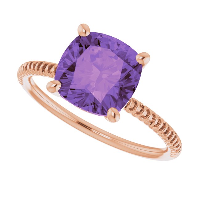 14K Gold Cushion Natural Amethyst Solitaire Ring – 8x8mm - Rose Gold - view 5
