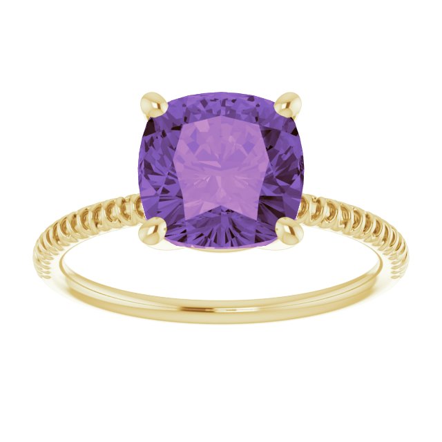 14K Gold Cushion Natural Amethyst Solitaire Ring – 8x8mm - Yellow Gold - view 3