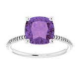 14K Gold Cushion Natural Amethyst Solitaire Ring – 8x8mm - White Gold - view 3