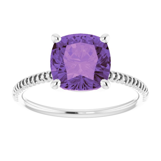 14K Gold Cushion Natural Amethyst Solitaire Ring – 8x8mm - White Gold - view 3