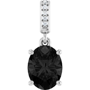 14K Gold Oval Natural Black Onyx & Natural Diamond Accented Necklace or Pendant - White Gold