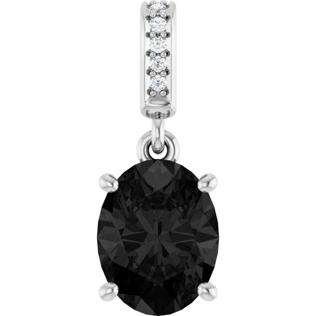 14K Gold Oval Natural Black Onyx & Natural Diamond Accented Necklace or Pendant - White Gold