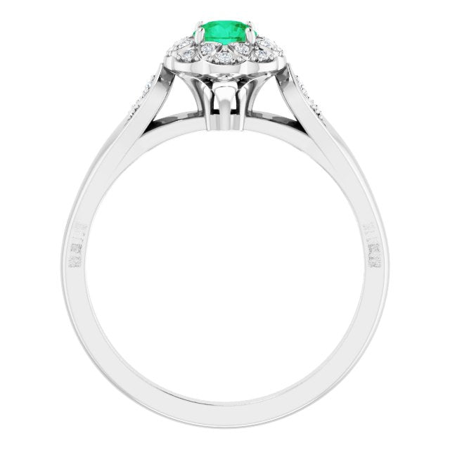 Platinum Round Natural Emerald & Natural Diamond Halo-Style Ring - view 2