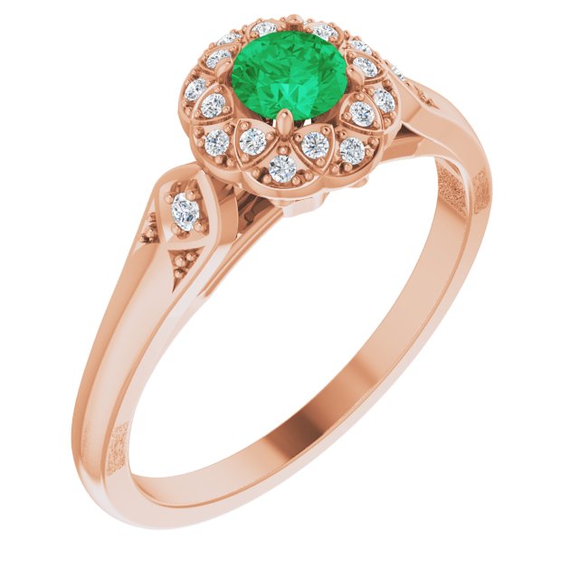 14K Gold Round Natural Emerald & Natural Diamond Halo-Style Ring – 4mm Stones - Rose Gold
