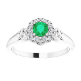 Platinum Round Natural Emerald & Natural Diamond Halo-Style Ring - view 3
