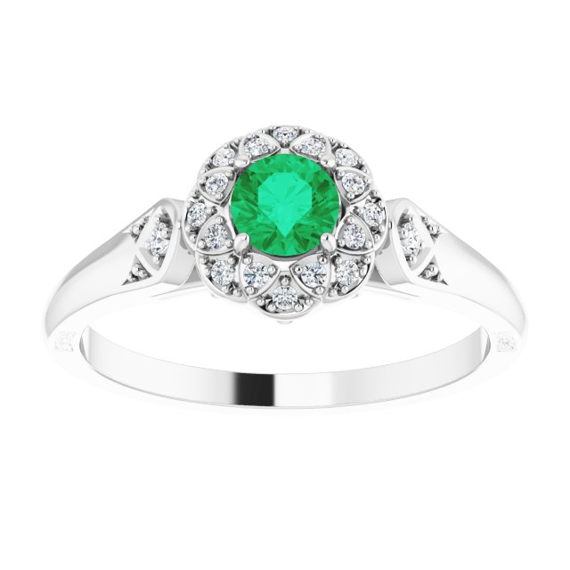 Platinum Round Natural Emerald & Natural Diamond Halo-Style Ring - view 3