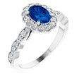 14K Gold Oval Lab-Grown Blue Sapphire & Natural Diamond Halo-Style Ring – 7x5mm - White Gold