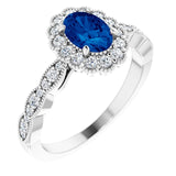 14K Gold Oval Lab-Grown Blue Sapphire & Natural Diamond Halo-Style Ring – 7x5mm - White Gold