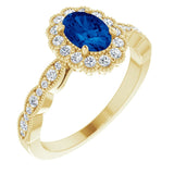 14K Gold Oval Lab-Grown Blue Sapphire & Natural Diamond Halo-Style Ring – 7x5mm - Yellow Gold