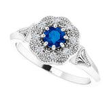 14K Gold Round Natural Blue Sapphire & Natural Diamond Vintage-Inspired Halo-Style Ring - White Gold - view 5